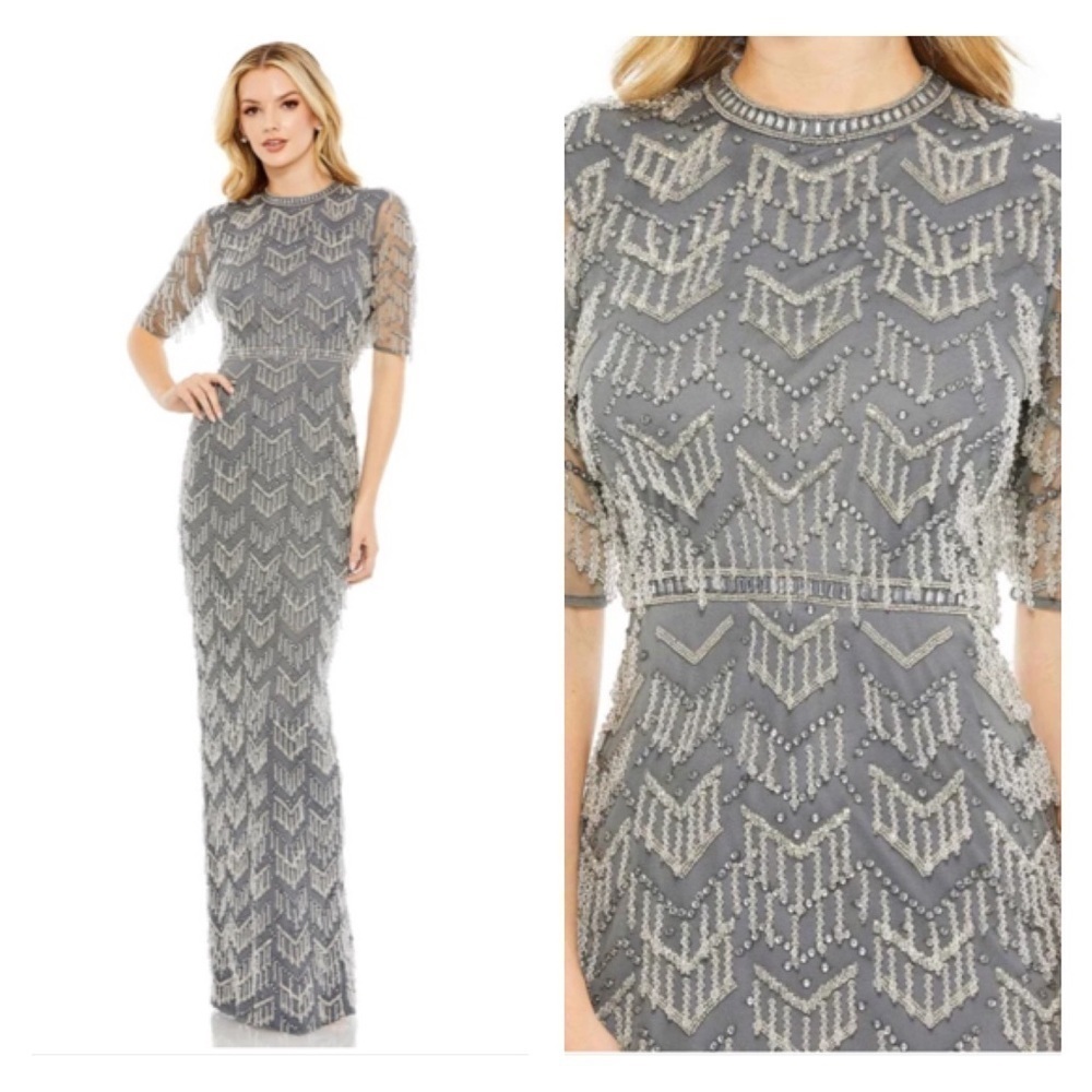 Mac Duggal 93804 Size 8 BEADED FRINGE QUARTER SLEEVE COLUMN GOWN